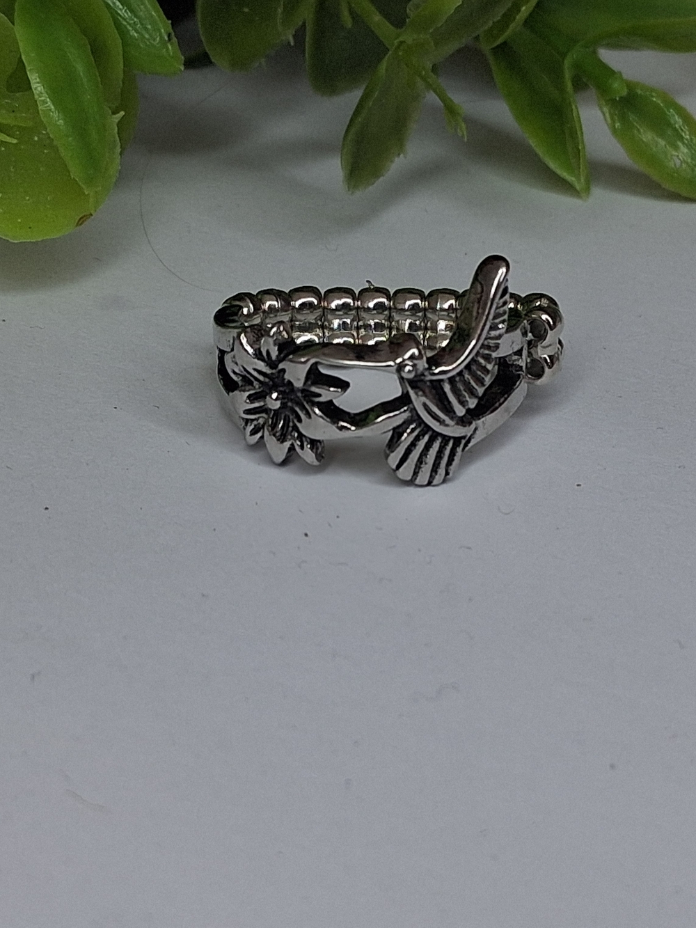 Silver Hummingbird & Flower Stretch Ring